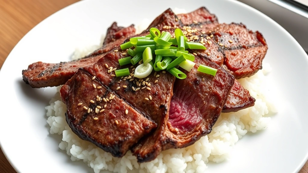 hero: perfectly seared shaved steak with sesame seeds and green onions on white plate, served over fluffy white rice, natural window light, overhead shot, no text