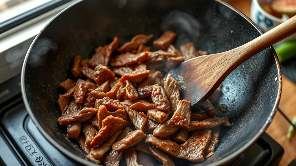 process: hot wok with sizzling thin beef slices being stirred with wooden spatula, steam rising, vibrant colors, natural daylight, no text