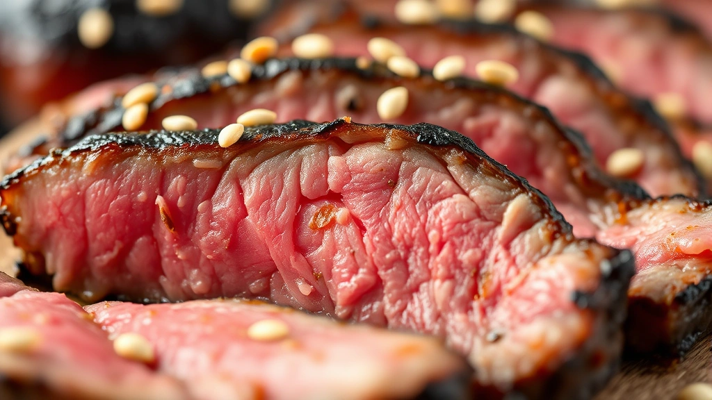 detail: close-up macro shot of tender shaved steak showing the seared crust and pink interior, garnished with sesame seeds, shallow depth of field, natural light, no text