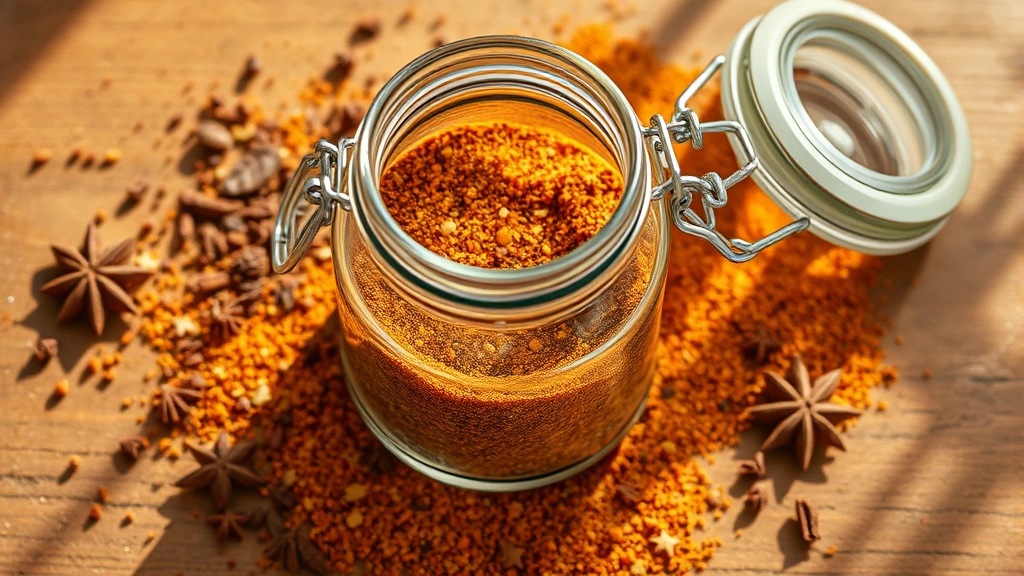 hero: overhead shot of vibrant shawarma seasoning spice blend in a clear glass jar, with whole spices scattered around it, warm golden and russet tones, natural sunlight streaming across wooden surface, no text or labels visible