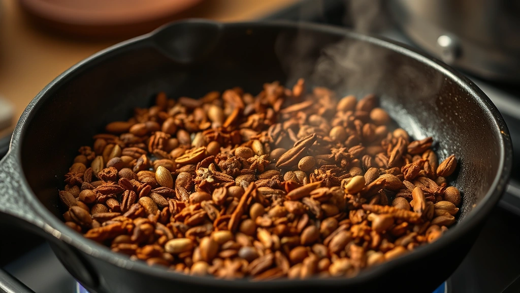 process: close-up of toasting whole spices in a small cast iron skillet over flame, steam rising, aromatic spices visible mid-toast, warm kitchen lighting, no text
