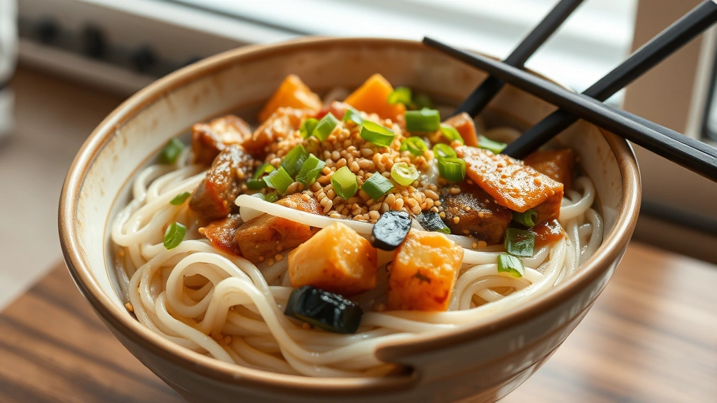 hero: steaming bowl of shirataki noodles with stir-fried vegetables and protein, garnished with green onions and sesame seeds, photorealistic, natural daylight from window, no text