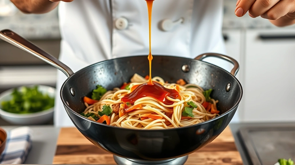 process: chef stirring shirataki noodles in wok with vegetables and protein, sauce being drizzled over top, photorealistic, natural kitchen lighting, no text