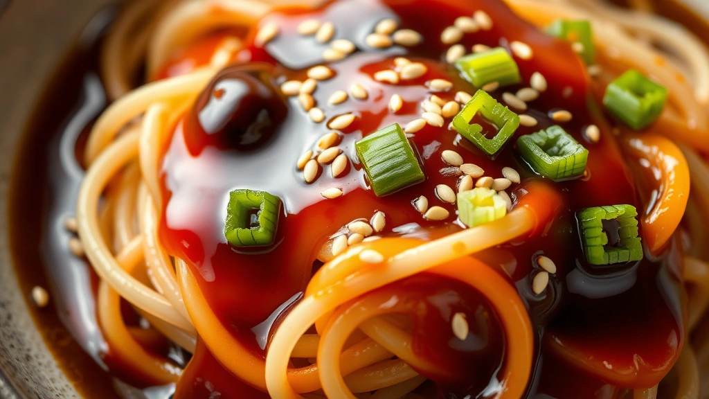 detail: close-up of shirataki noodles coated in glossy sauce with sesame seeds and green onion garnish, photorealistic, macro photography, natural light, no text