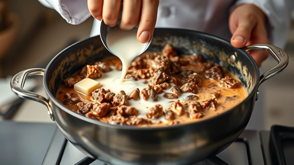 process: Chef stirring creamy beef sauce in skillet with butter and milk, photorealistic, natural kitchen light, no text, showing texture and movement