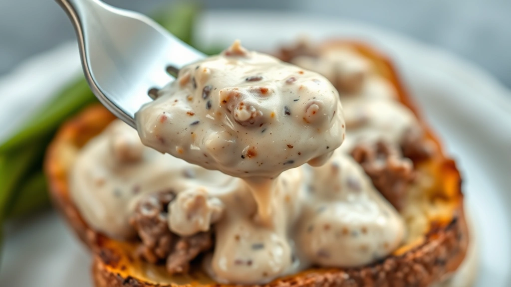detail: Close-up of creamed chipped beef sauce coating fork over crispy toast, photorealistic, natural light, no text, shallow depth of field showing creamy texture