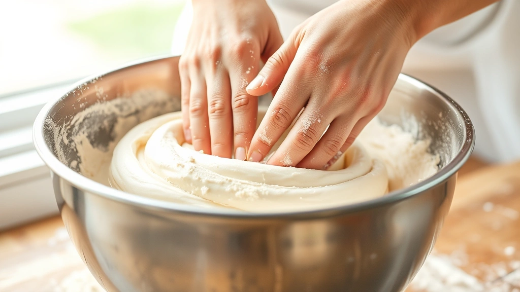 process: hands kneading smooth elastic dough in stainless steel bowl, flour dust in air, soft natural light from window, no text