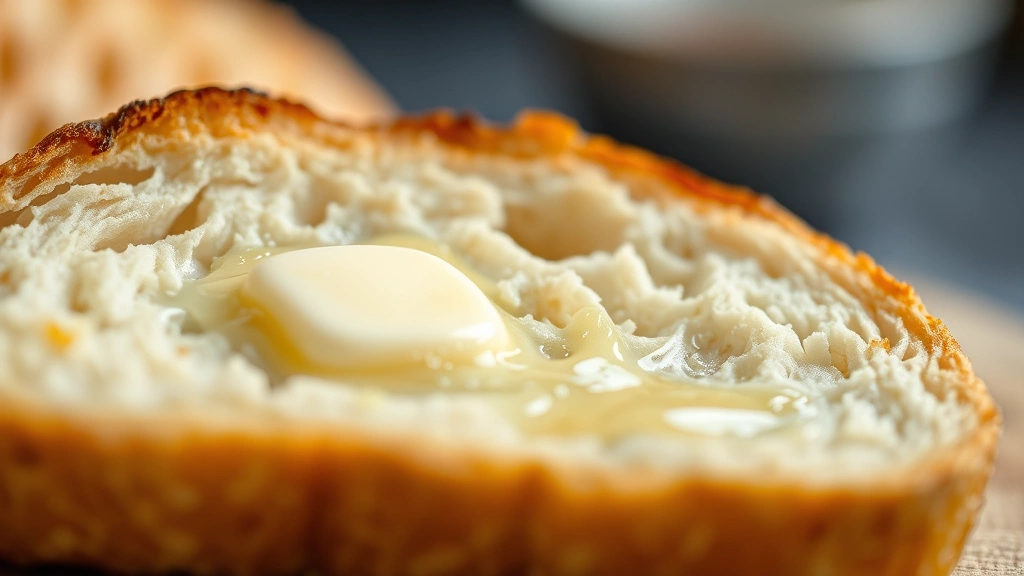 detail: close-up cross-section of shokupan slice showing delicate tender crumb structure, butter melting on warm bread, shallow depth of field, no text