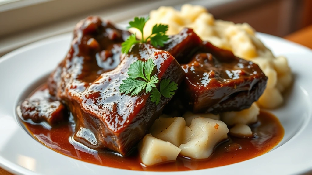 hero: perfectly braised short ribs with glossy rich brown sauce, fresh parsley garnish, served on white plate, creamy mashed potatoes on the side, warm natural window light, shallow depth of field, no text