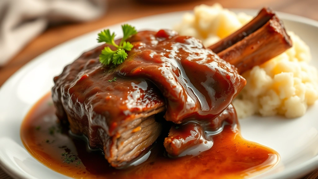 hero: plated slow cooker short ribs with glossy rich brown sauce, tender meat falling off bone, fresh parsley garnish, mashed potatoes on side, warm golden lighting, rustic white plate, shallow depth of field, inviting comfort food presentation
