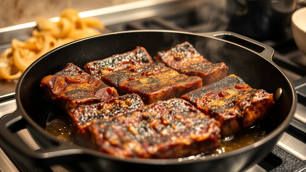 process: searing short ribs in cast iron skillet with golden crust, oil sizzling, onions caramelizing in background, stovetop cooking action, warm kitchen lighting, professional food photography style