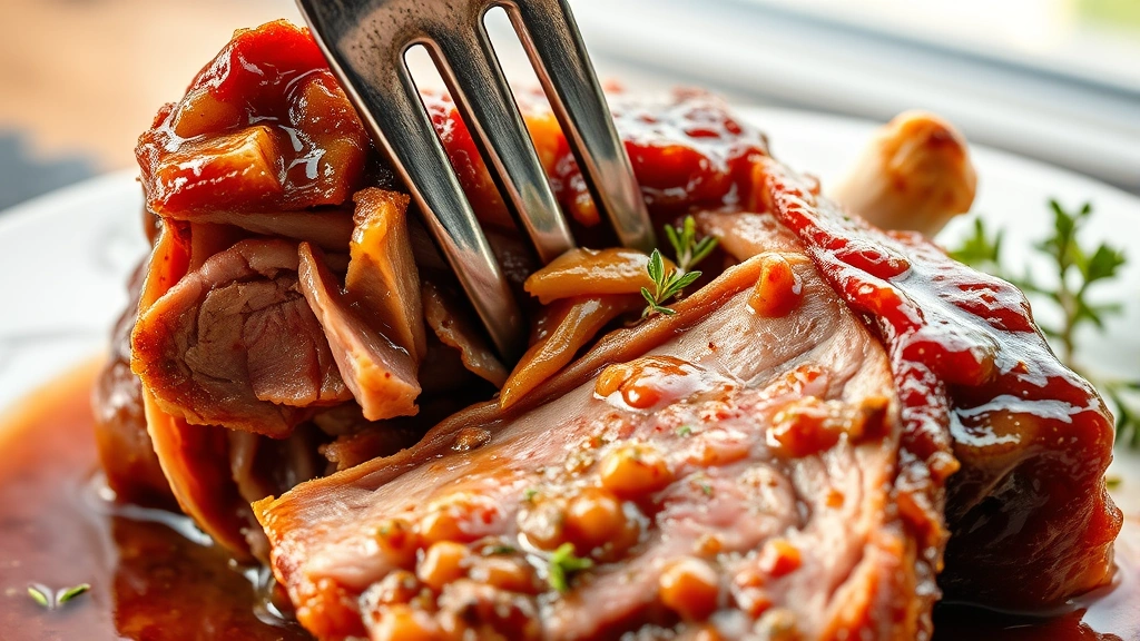 detail: close-up of fork cutting into fall-apart short rib meat, tender texture visible, rich sauce coating meat, bone detail, fresh thyme garnish, soft natural window lighting, macro photography style