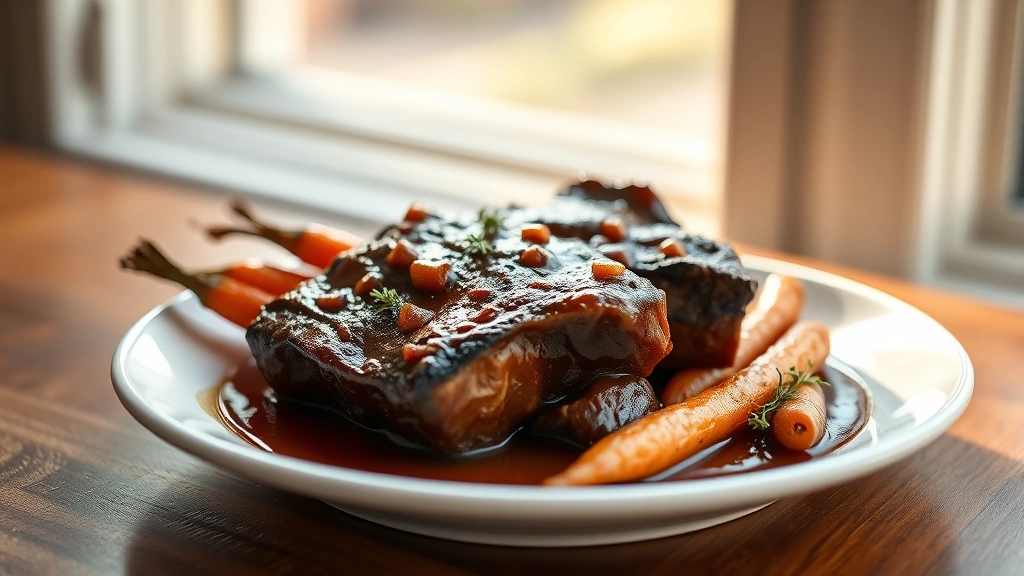 hero: gorgeous braised short ribs in rich brown sauce, served on a white plate with roasted carrots and fresh thyme garnish, warm natural light from window, shallow depth of field