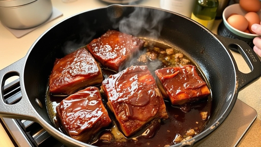 process: searing short ribs in cast iron skillet with golden crust forming, steam rising, dark brown caramelized surface, kitchen counter with ingredients nearby