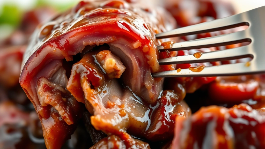detail: close-up of tender short rib meat falling off bone, glossy rich sauce coating, fork cutting through meat, shallow focus showing tenderness