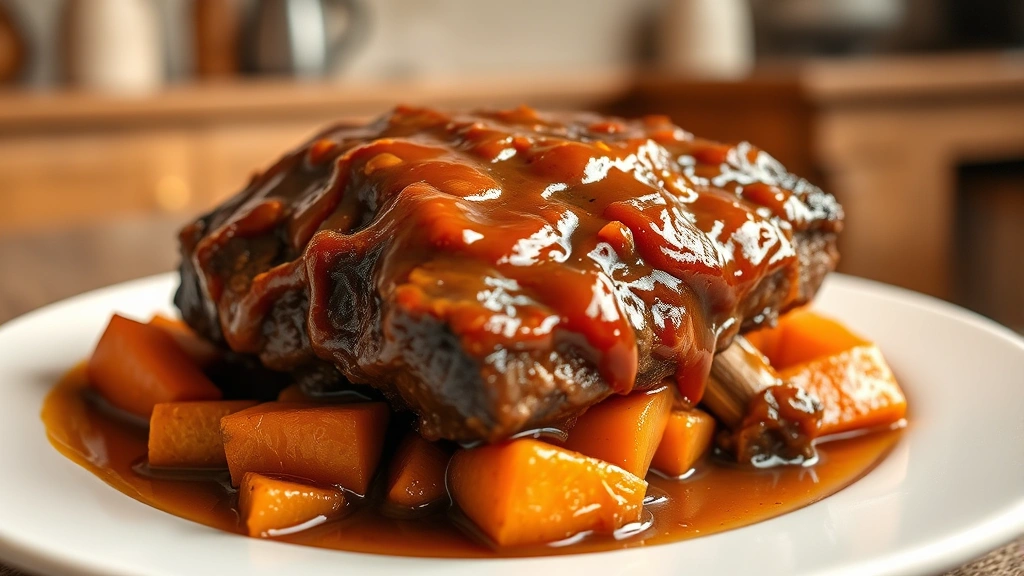 hero: perfectly cooked slow cooker short ribs with glossy braising sauce, carrots and herbs visible, served on a white plate, warm lighting, cozy home kitchen background, no text visible