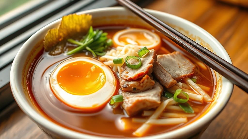 hero: steaming bowl of shoyu ramen with soft-boiled egg halves, tender pork slices, bamboo shoots, green onions, and nori strips in rich golden-brown soy broth, chopsticks resting on rim, photorealistic, natural window lighting, no text, professional food photography