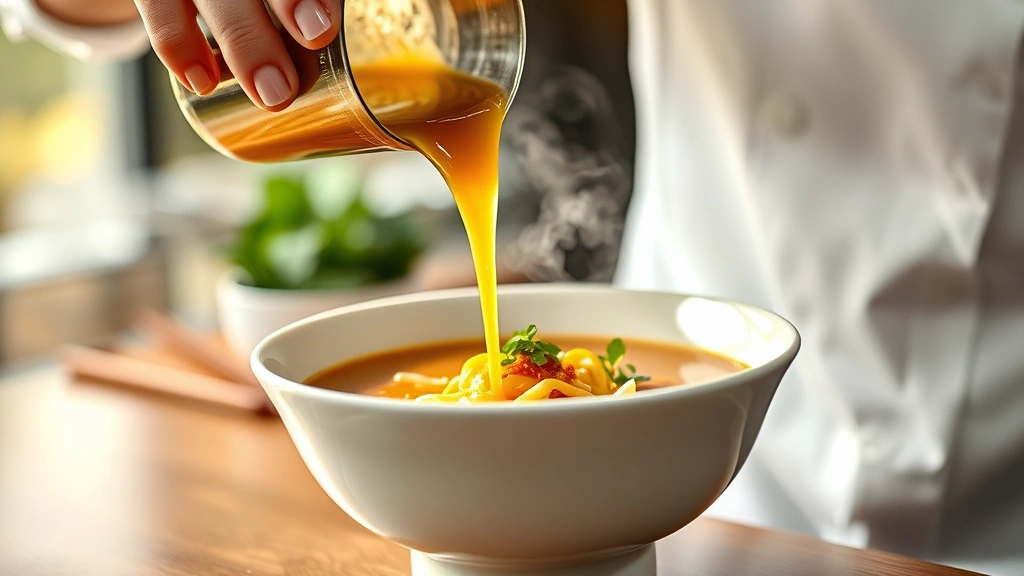 process: chef carefully pouring hot golden broth into white ramen bowl containing noodles and tare, steam rising, bokeh background, photorealistic, natural lighting, no text, dynamic angle