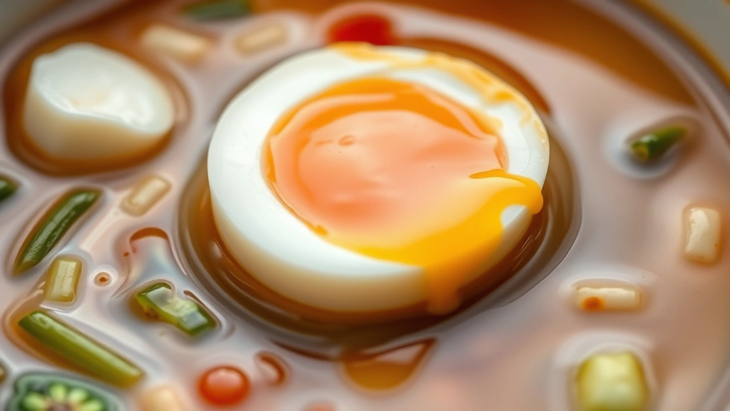 detail: close-up of perfectly soft-boiled egg with jammy golden yolk nestled in ramen bowl, drizzle of sesame oil visible, green onion and nori in sharp focus, photorealistic, macro photography, natural light, no text