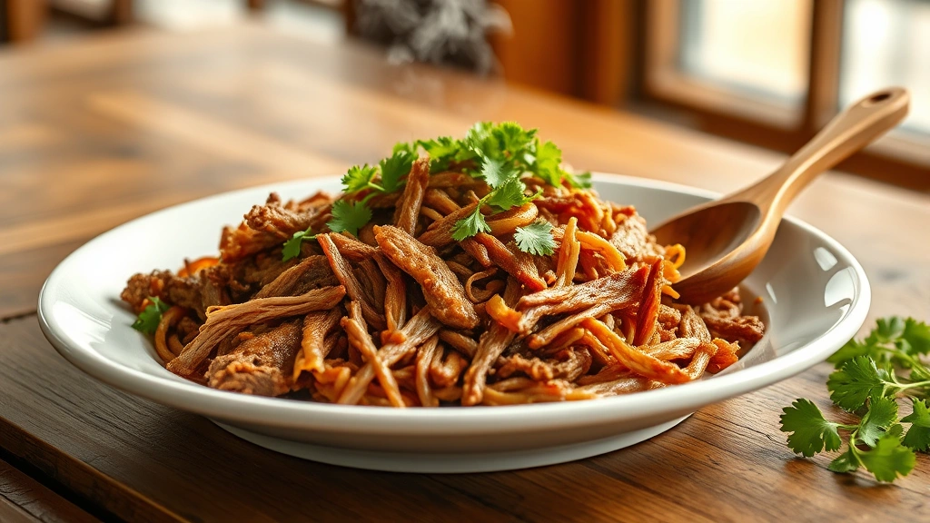 hero: plated shredded beef with warm golden color, steam rising, fresh cilantro garnish, wooden serving spoon, rustic wooden table background, photorealistic, natural window light, no text