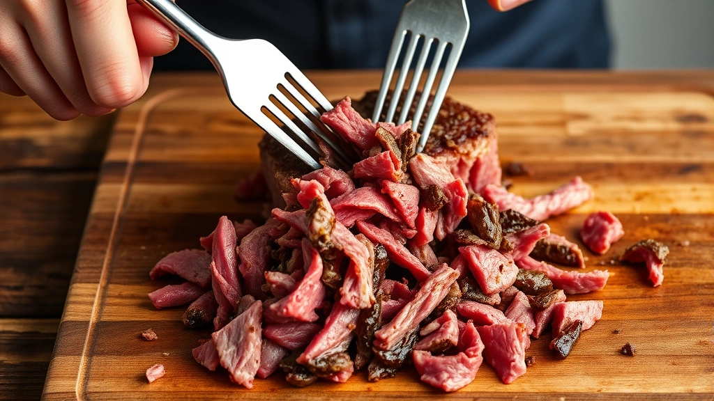 process: hands using two forks to shred tender beef on cutting board, beef falling into shreds, close action shot, photorealistic, natural light, no text