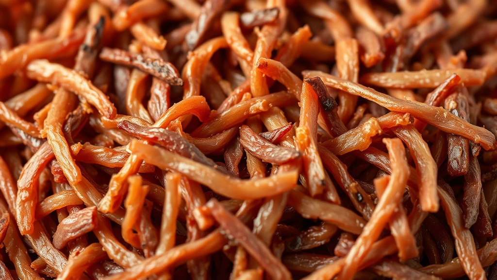 detail: close-up of perfectly shredded beef texture showing tender strands, rich brown color, shallow depth of field, photorealistic, warm natural light, no text