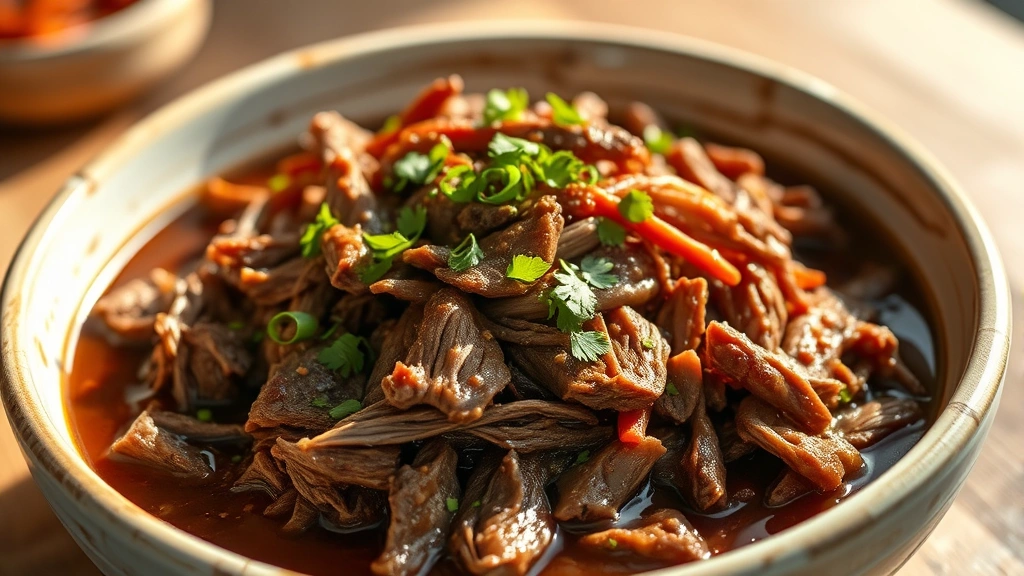 hero: perfectly shredded beef in rich brown sauce, garnished with fresh herbs, served in a rustic white bowl, photorealistic, warm natural sunlight, no text