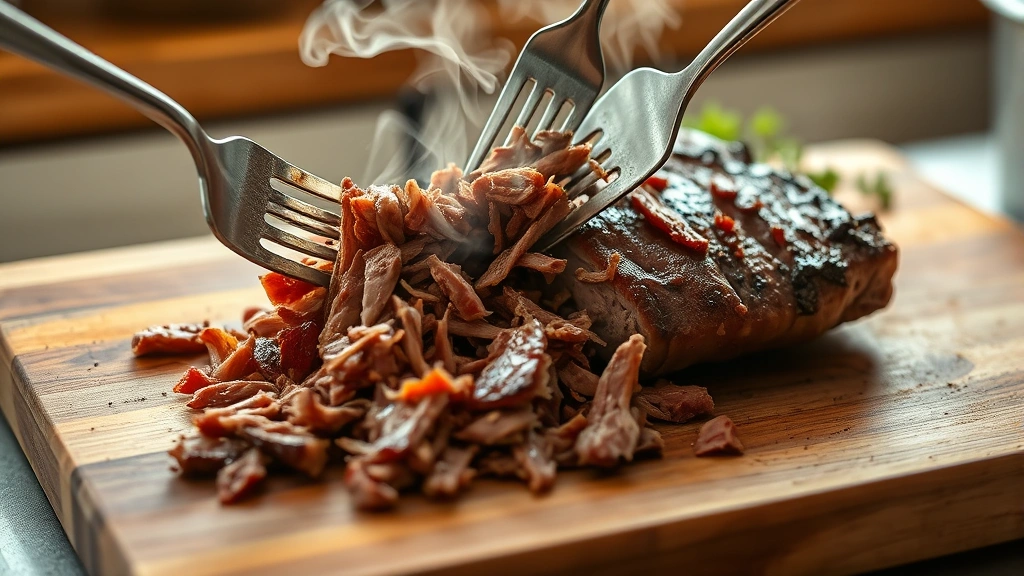 process: fork shredding cooked beef roast on wooden cutting board, steam rising, photorealistic, natural kitchen light, no text
