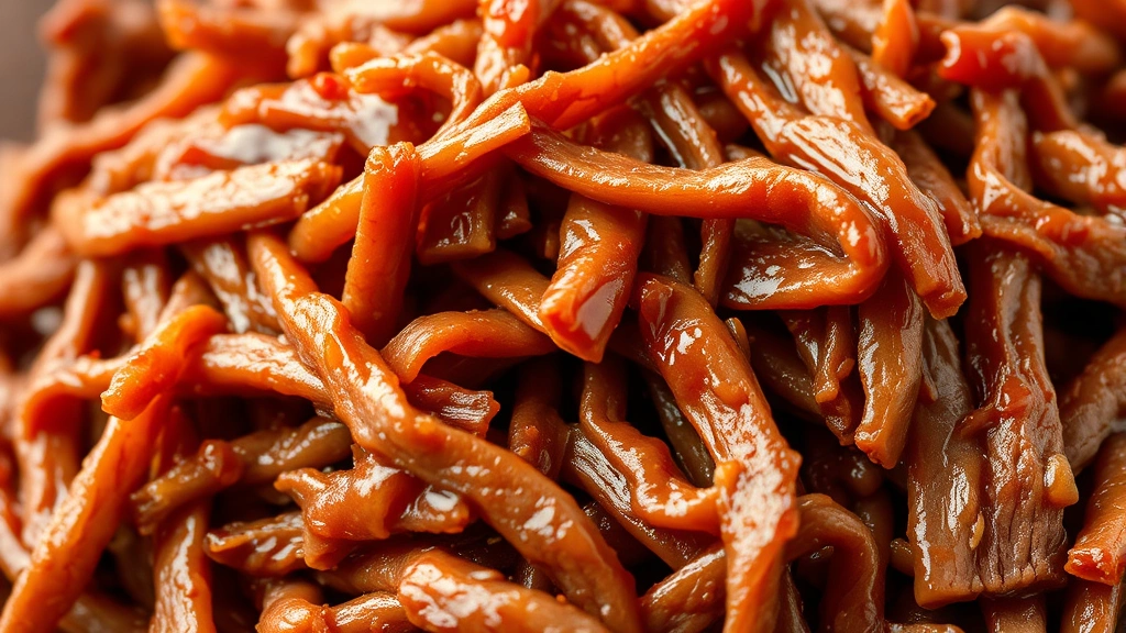 detail: close-up of tender shredded beef strands with glossy sauce coating, photorealistic, macro photography, natural light, no text