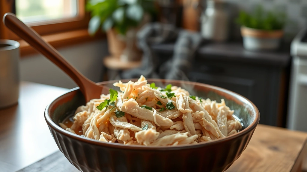 hero: bowl of fluffy shredded chicken, steam rising, garnished with fresh herbs, wooden spoon, natural daylight from window, cozy kitchen setting, no text