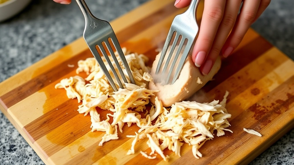 process: two forks shredding warm chicken breast on wooden cutting board, steam visible, hands in action, close-up angle, natural kitchen lighting, no text