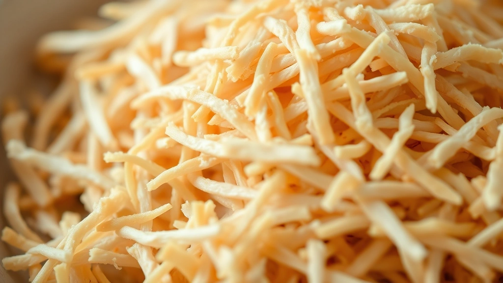 detail: close-up of perfectly shredded chicken texture, individual strands visible, shallow depth of field, warm natural light, no text