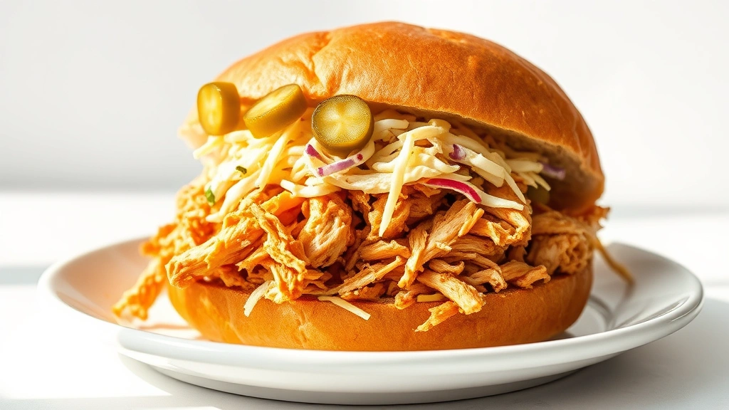 hero: golden-toasted brioche bun filled with generous portions of shredded chicken topped with crispy coleslaw and fresh pickles, served on a white ceramic plate, afternoon natural light streaming from the left, clean white background, food photography style