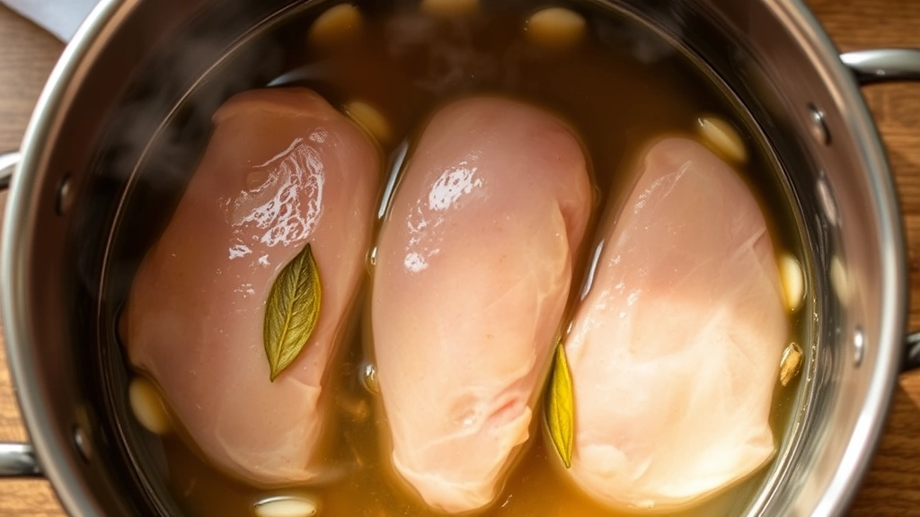 process: boneless chicken breasts simmering in clear broth with bay leaves and garlic cloves visible in a stainless steel pot, steam rising, warm kitchen lighting, overhead shot