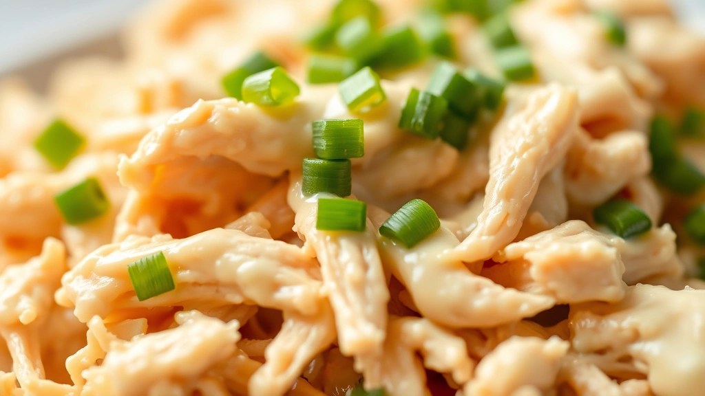 detail: close-up macro shot of shredded chicken coated in creamy sauce with fresh green chives scattered on top, shallow depth of field, natural daylight, showing texture and moisture of the filling
