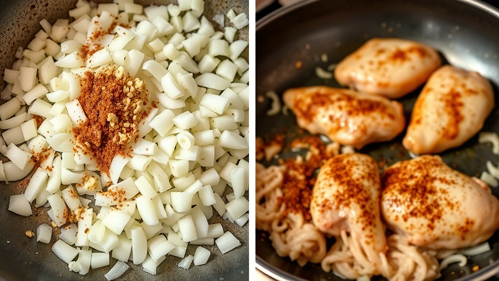 process: diced onions and minced garlic being sautéed in a large skillet with spices, chicken searing in the background, photorealistic, natural kitchen light, no text