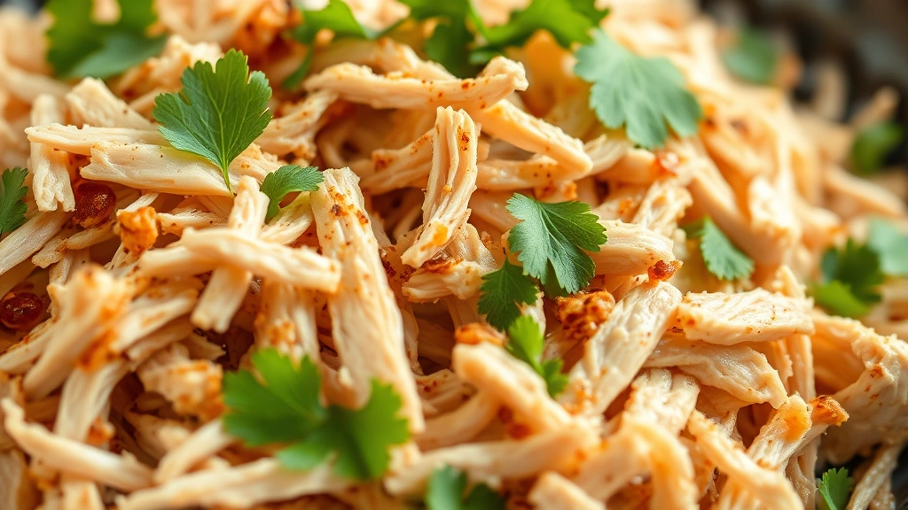 detail: close-up of perfectly shredded chicken with visible spices and fresh cilantro, steam rising, photorealistic, natural light, no text