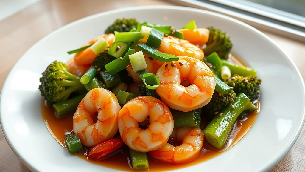 hero: plate of glistening shrimp and broccoli with glossy sauce, garnished with green onions and sesame seeds, steaming, on white ceramic plate, natural window light, shot from directly above, no text