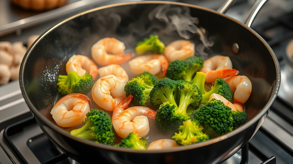 process: shrimp searing in hot wok with broccoli florets visible, steam rising, garlic and ginger aromatics visible, professional kitchen lighting, no text