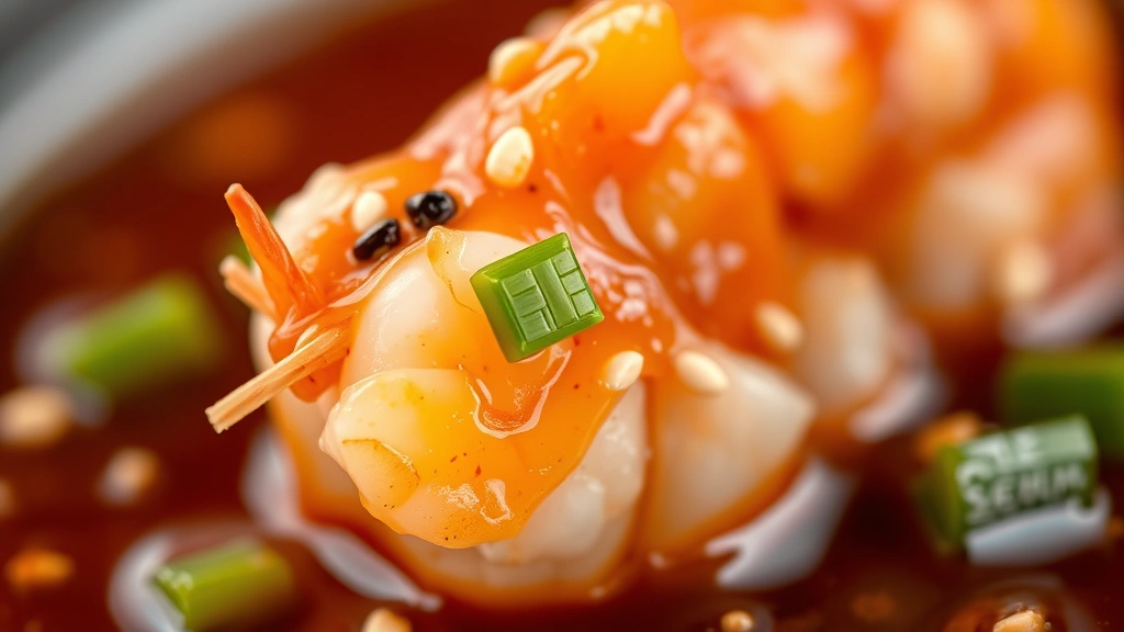 detail: close-up macro shot of single shrimp with sauce clinging to it, sesame seeds and green onion visible, shallow depth of field, natural light, no text