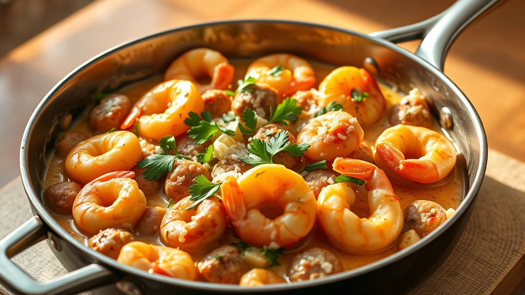 hero: creamy shrimp and sausage dish in a skillet, photorealistic, warm natural light from the side, garnished with fresh parsley and Parmesan, no text