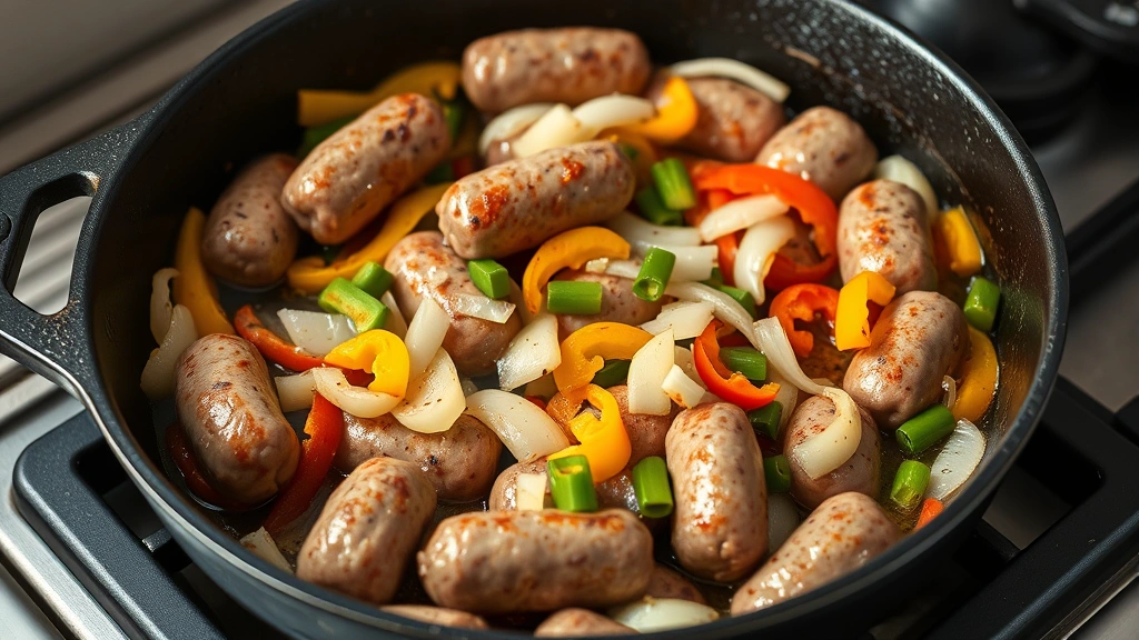 process: sausage browning in cast iron skillet with bell peppers and onions, photorealistic, natural kitchen light, no text