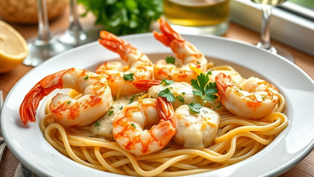 hero: plated shrimp and scallops with golden crust in creamy garlic butter sauce, garnished with fresh parsley and lemon zest, served over pasta with white wine in background, photorealistic, natural window lighting, overhead shot, no text