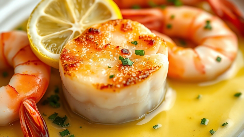 detail: close-up of perfectly seared scallop and shrimp with lemon slice, fresh herbs, and glossy butter sauce, macro photography, photorealistic, natural diffused light, no text