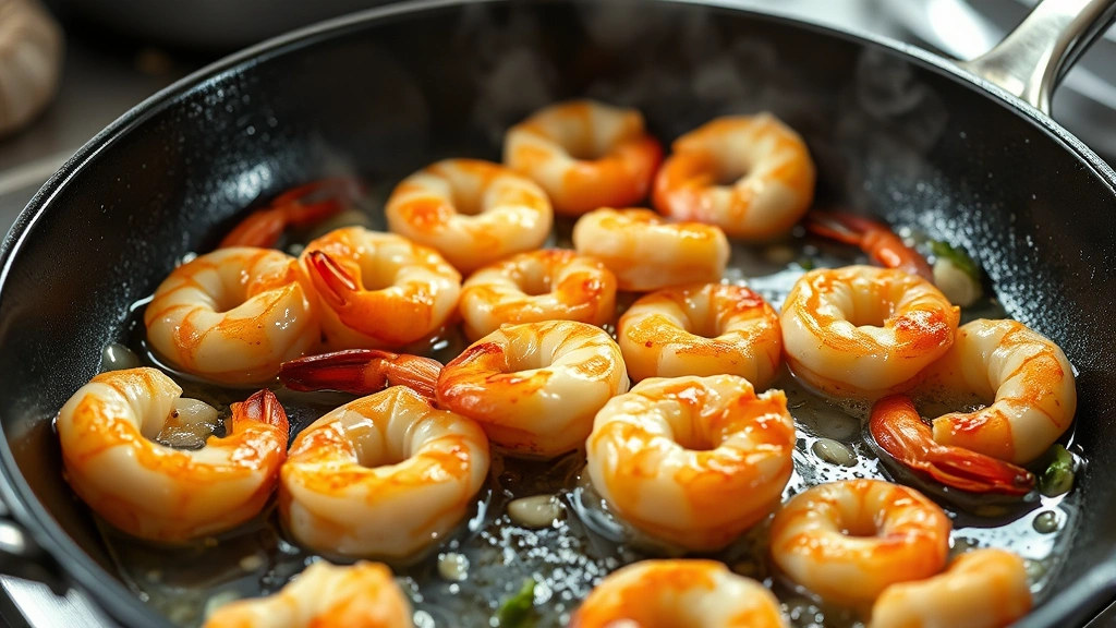process: golden shrimp searing in skillet, butter foaming, aromatic garlic, professional kitchen lighting, action shot, no text