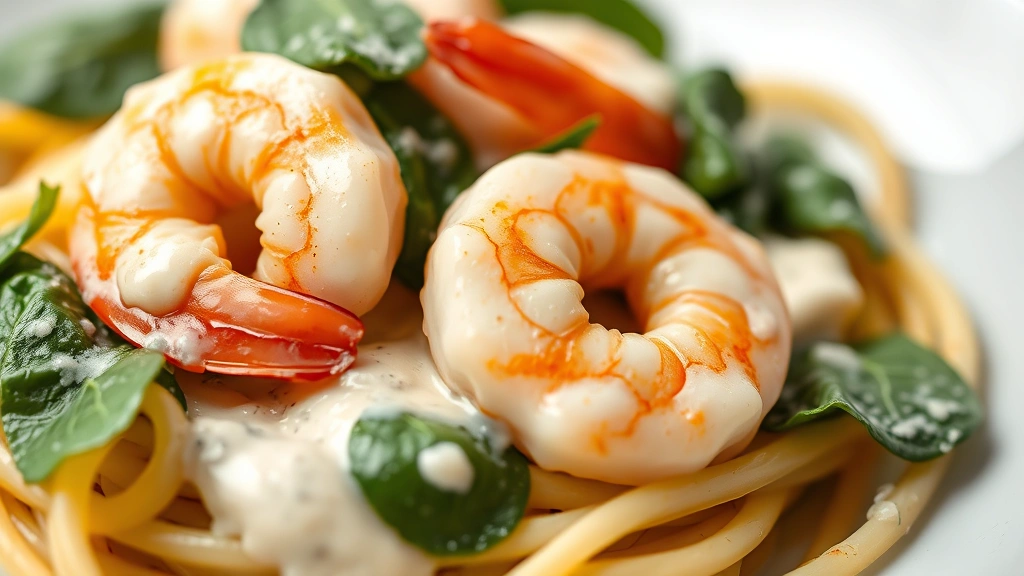 detail: close-up of tender shrimp with fresh spinach leaves and creamy sauce clinging to linguine, macro photography, shallow depth of field, garnish details visible, no text