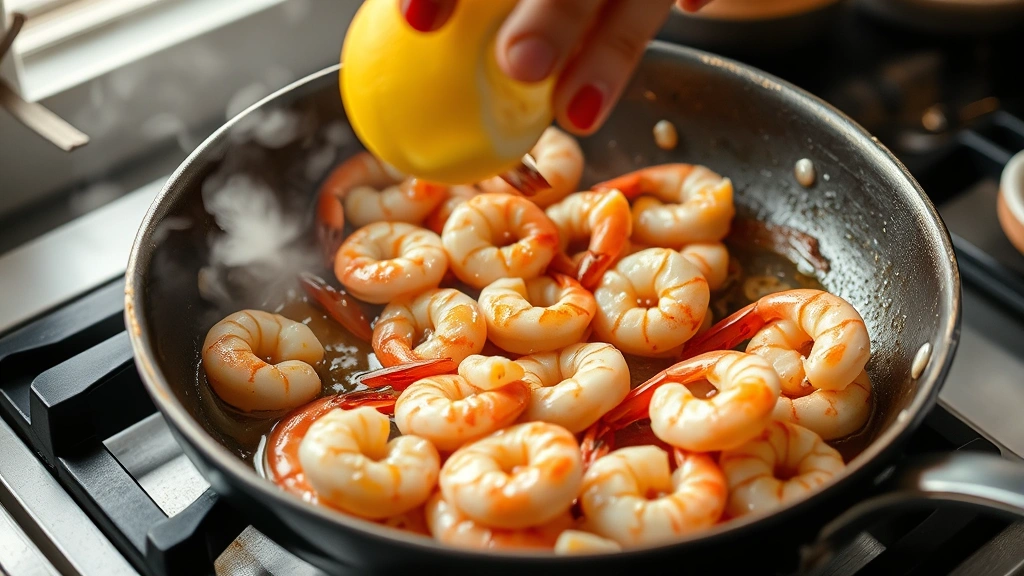 process: shrimp sizzling in butter in skillet, garlic visible, lemon juice being squeezed, steam rising, natural kitchen light, action shot