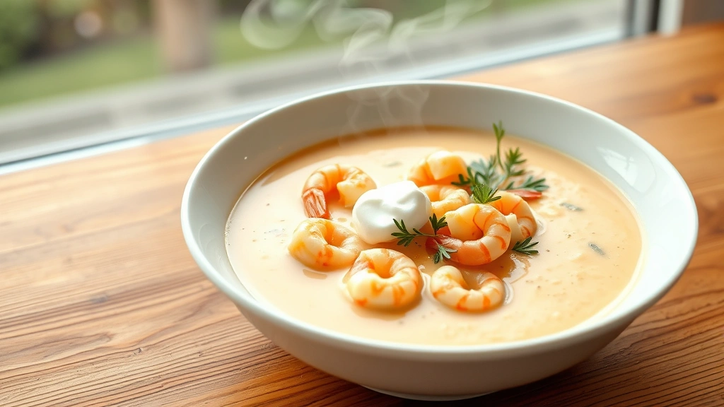 hero: creamy shrimp bisque in white bowl, garnished with fresh tarragon and crème fraîche, steam rising, natural window light, wooden table background, no text