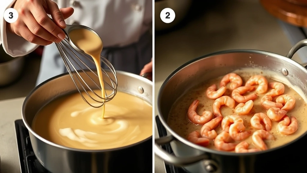 process: chef whisking cream into roux while simmering pink shrimp in pot, warm kitchen light, action shot, no text