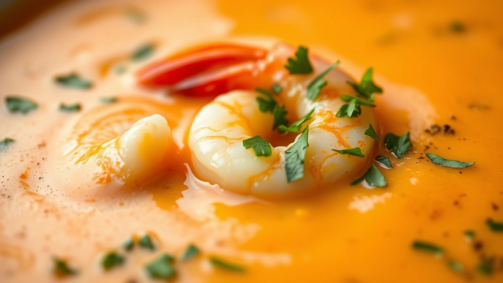 detail: close-up of shrimp bisque texture, garnish of fresh herbs, creamy orange soup, shallow depth of field, no text